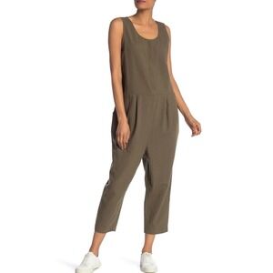 Eileen Fisher Organic Cotton Crepe Olive Slouchy Cropped Sleeveless Jumpsuit XS